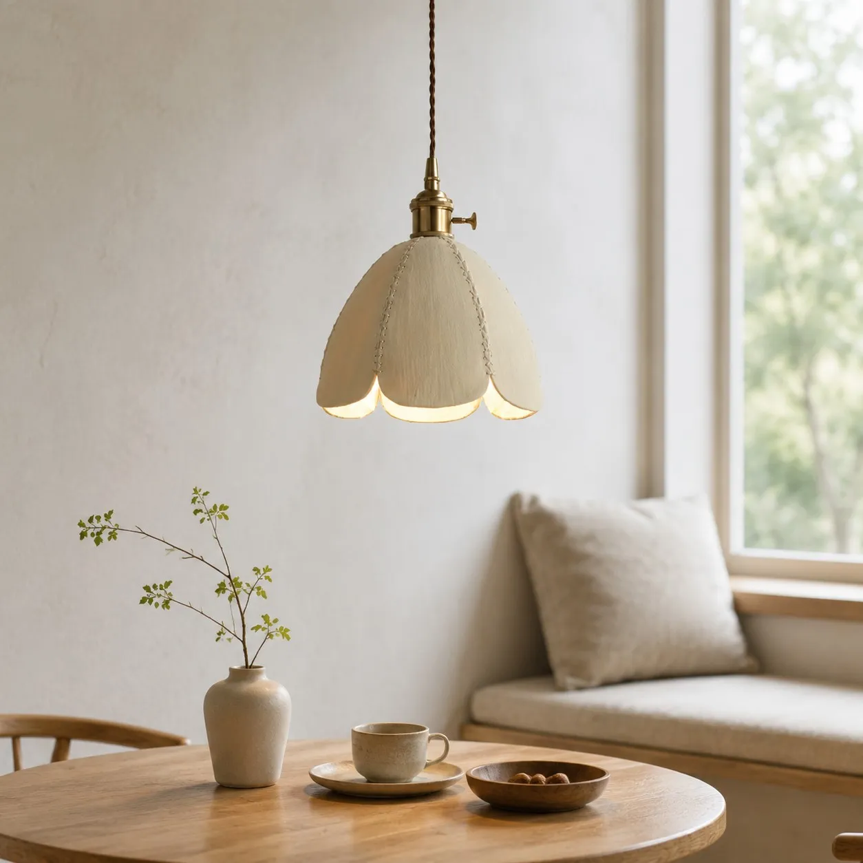 Natural leather petal pendant light beside a bright table setting