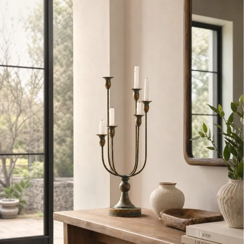 candle holder on a wooden console