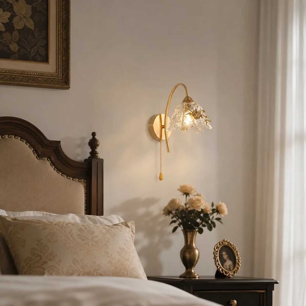 French floral wall sconce in a refined bedroom
