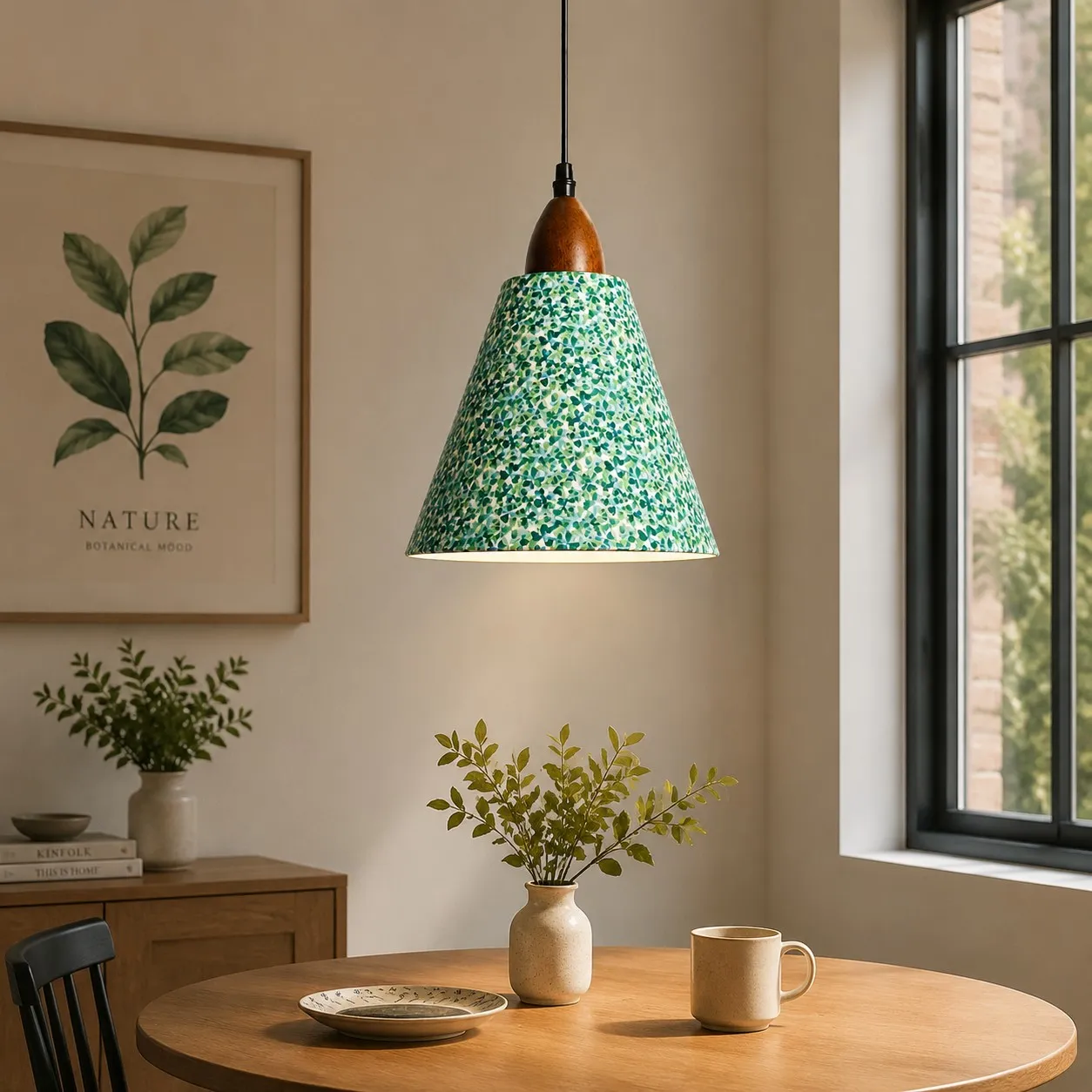 Clover floral pendant above round dining table in calm interior