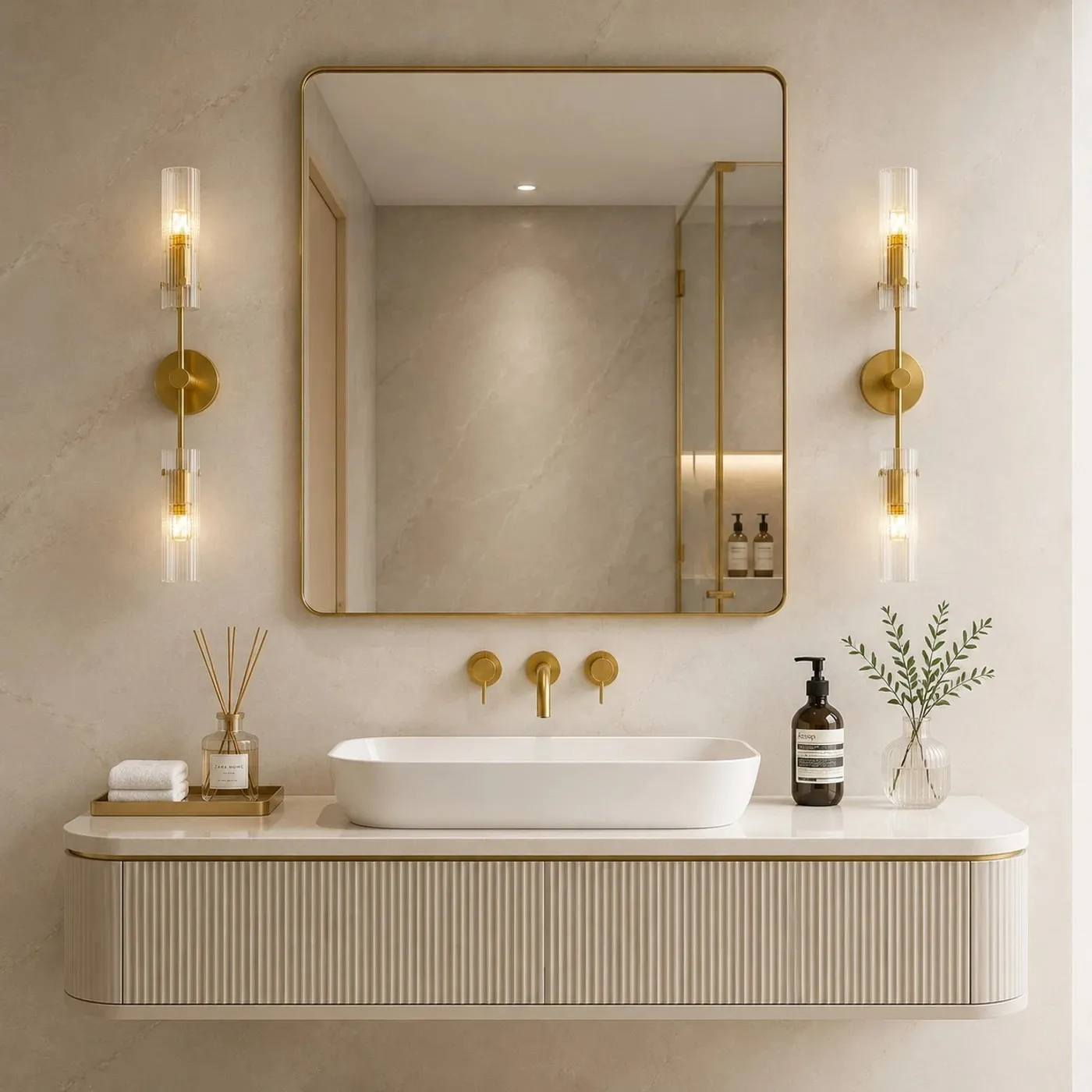 Copper two-head alabaster wall sconces warming a modern vanity