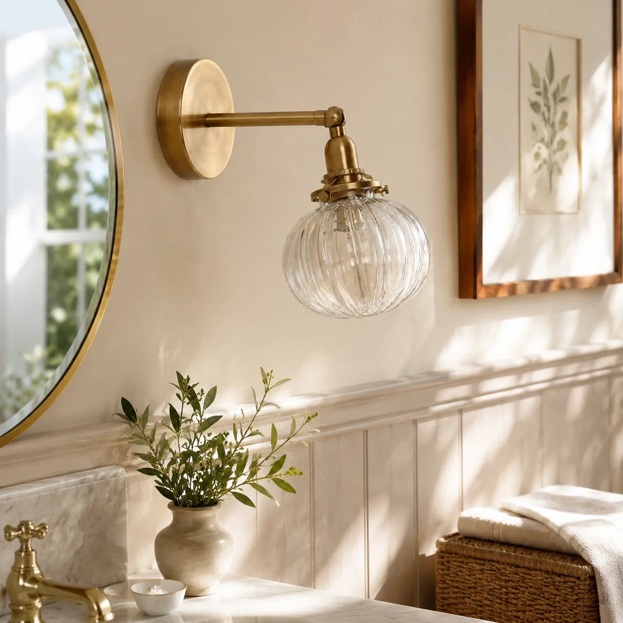 Antique brass ribbed glass sconce beside a mirror