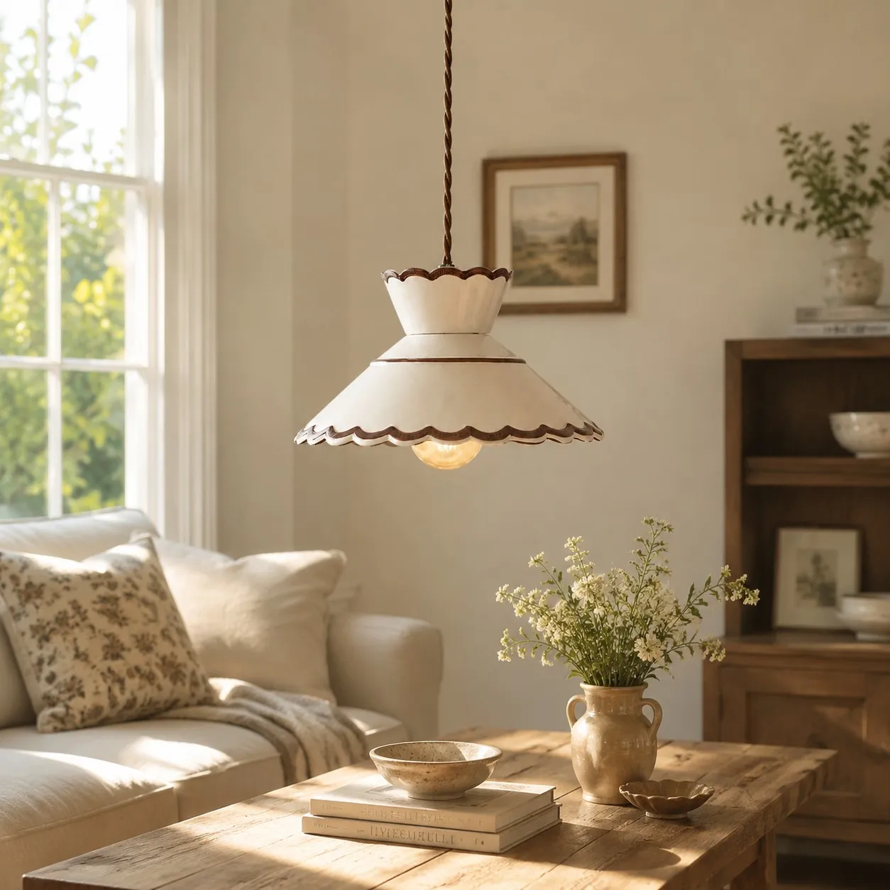 French Vintage Scalloped Ceramic Pendant Light 10
