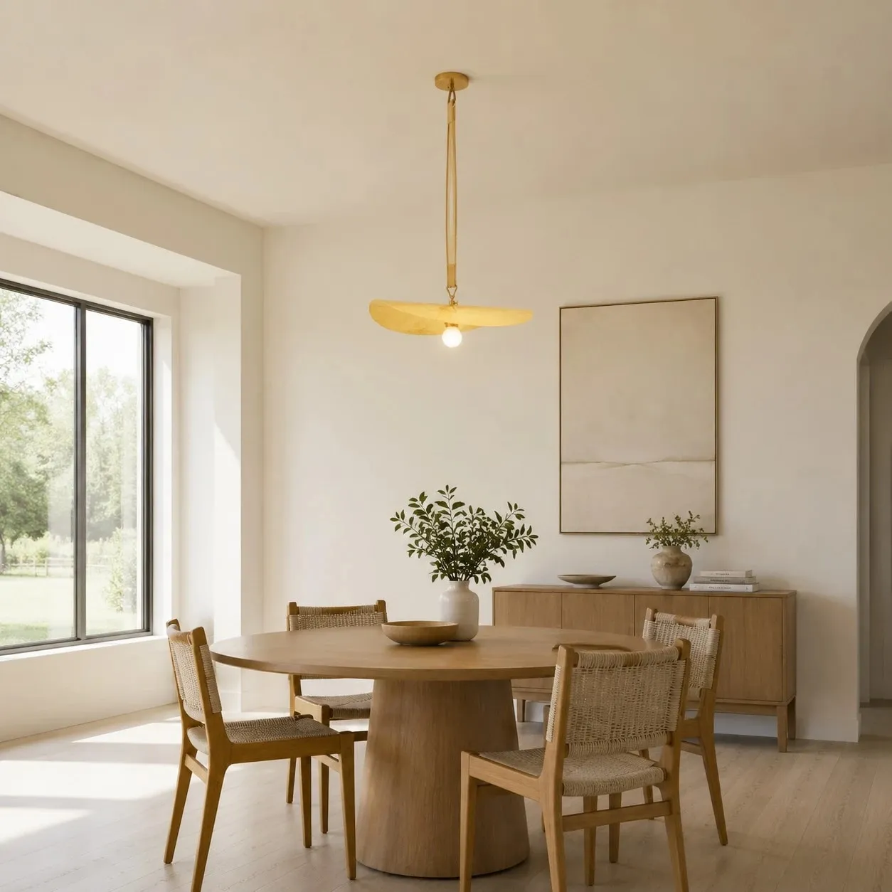 Pendant light installed above a round dining table