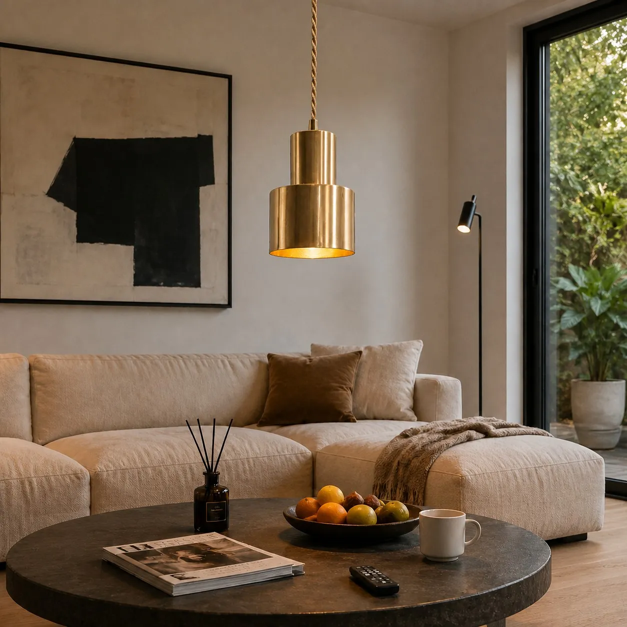 Vintage brass pendant lamp in a contemporary living room