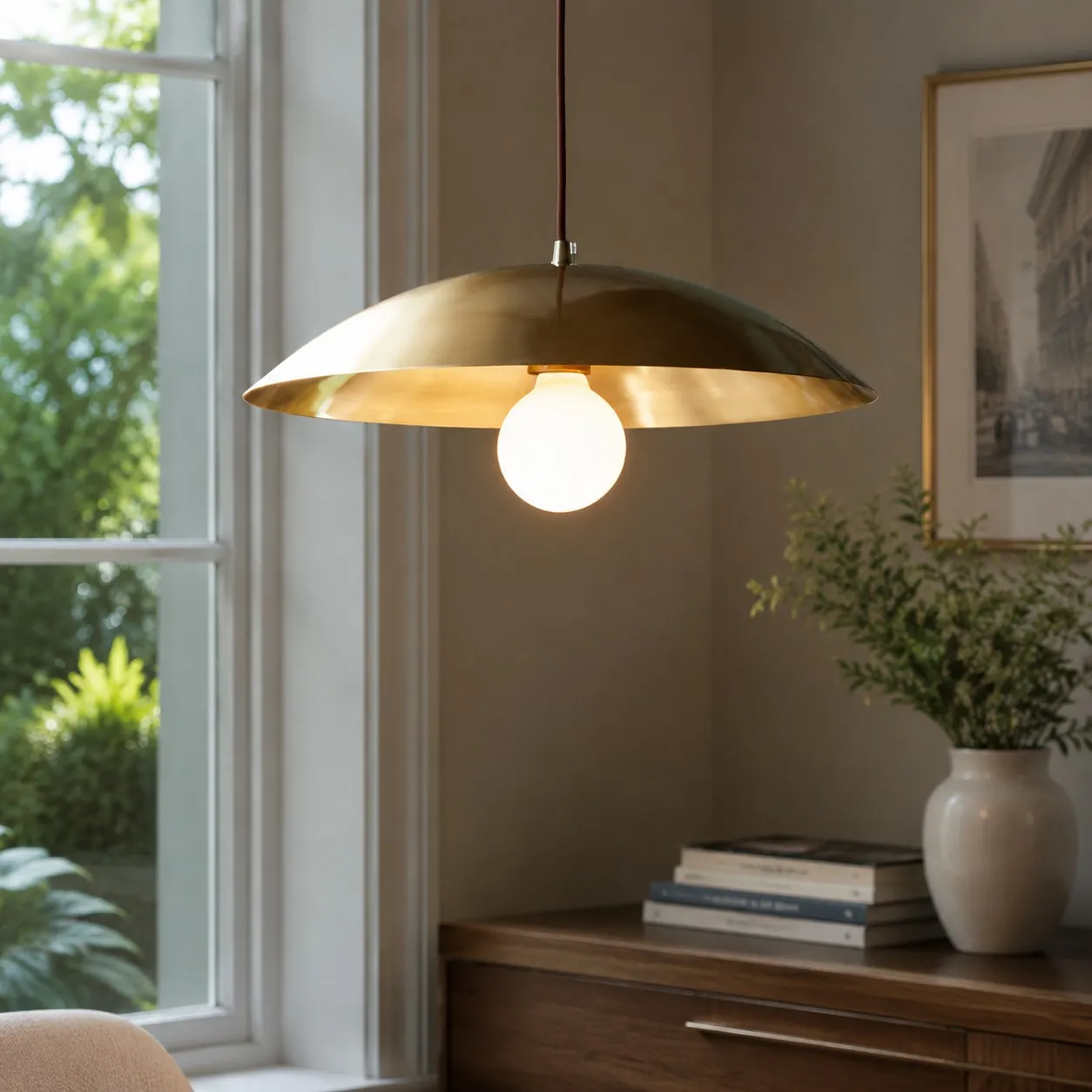 Brushed brass-finish dome pendant light beside a bright window