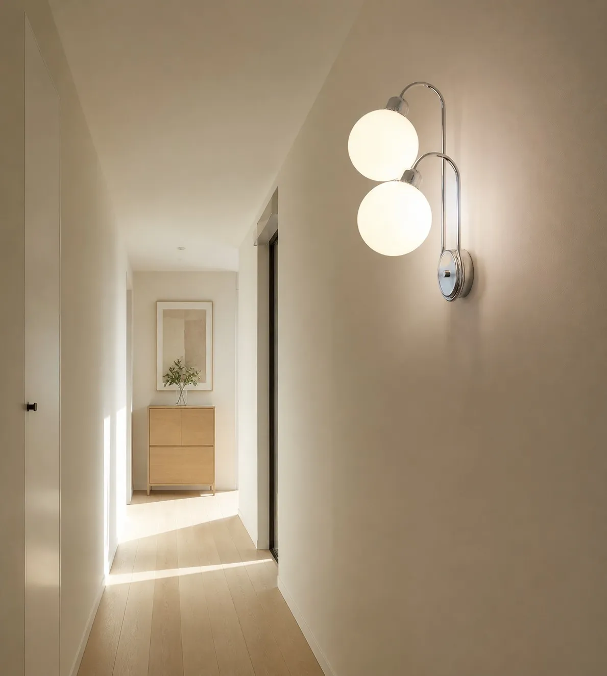 Milk coffee globe wall lamp mounted beside a bedroom nightstand