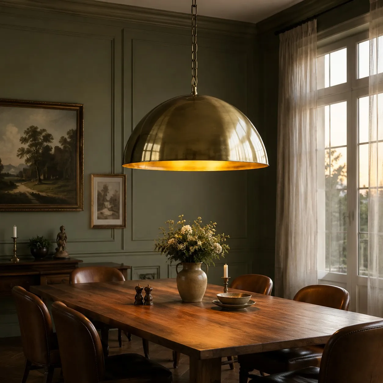 Large aged brass dome pendant light with chain suspension