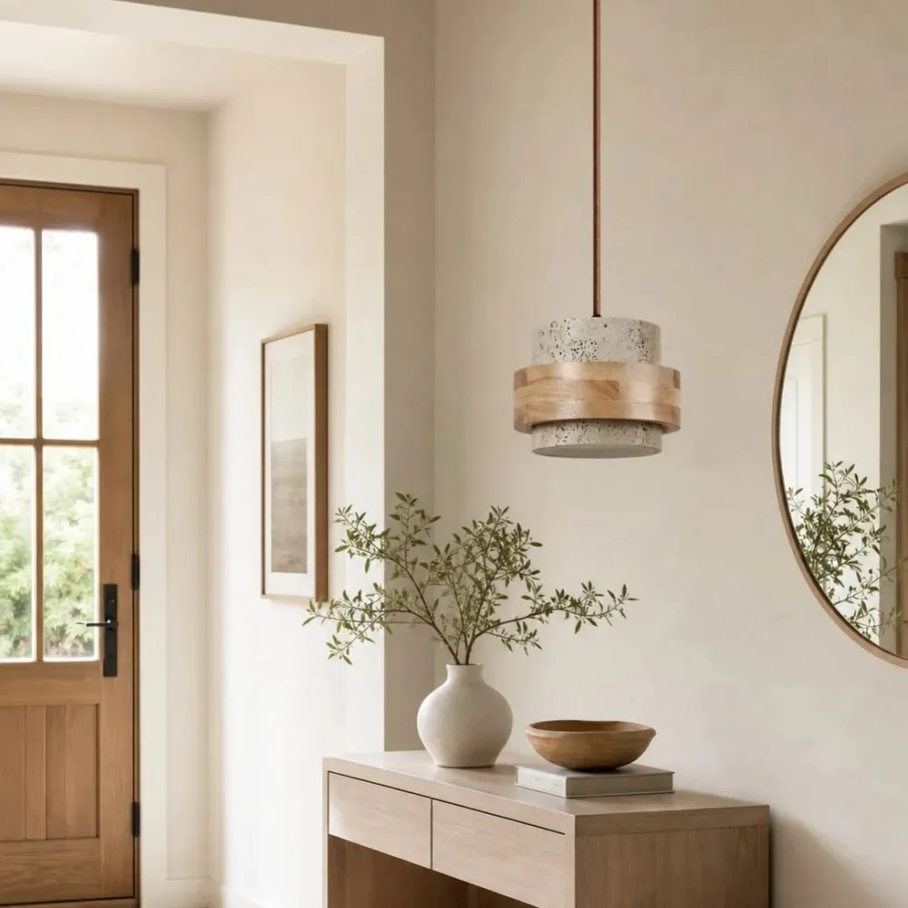 Single travertine pendant lamp in warm neutral interior