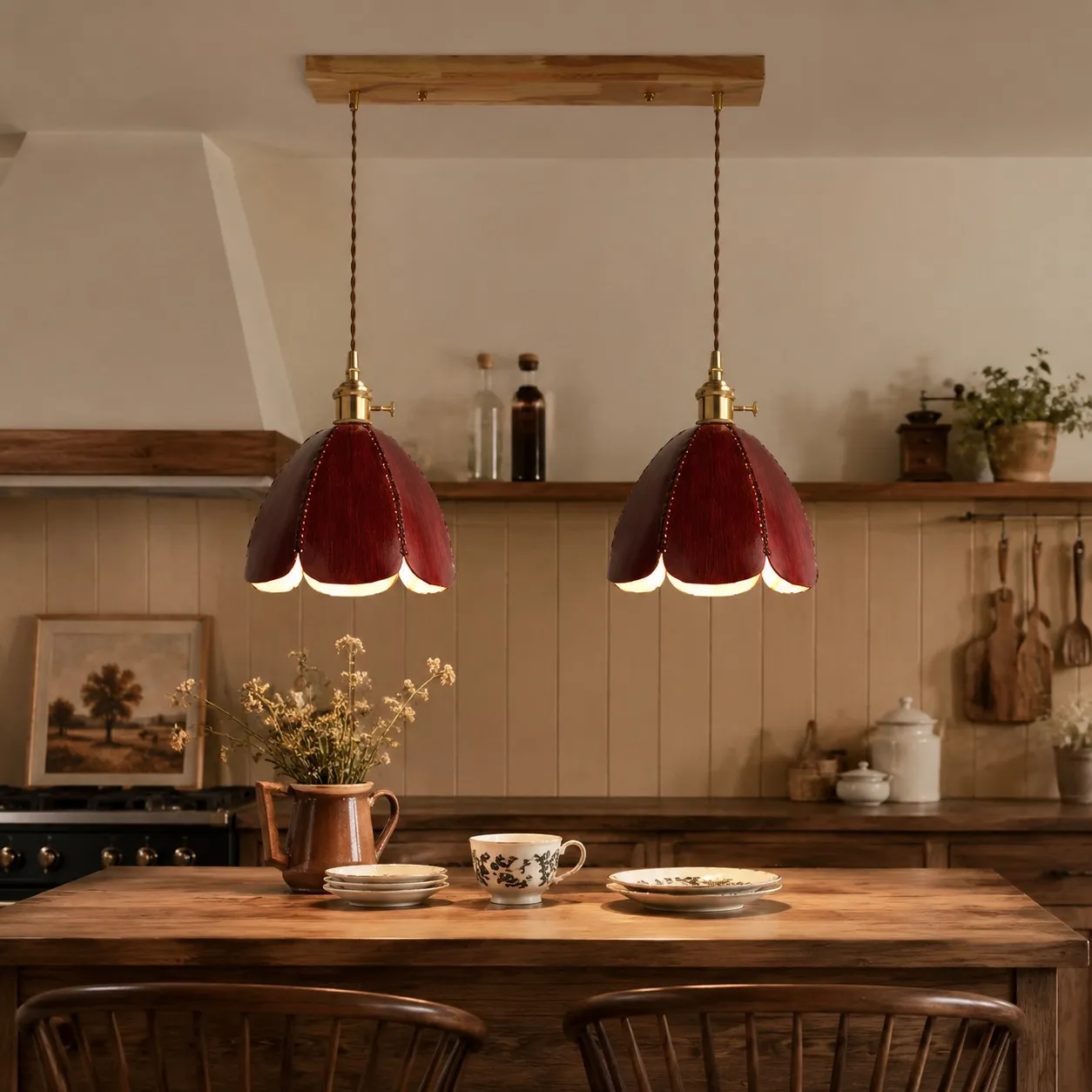Two brown leather pendant lights above a dining table