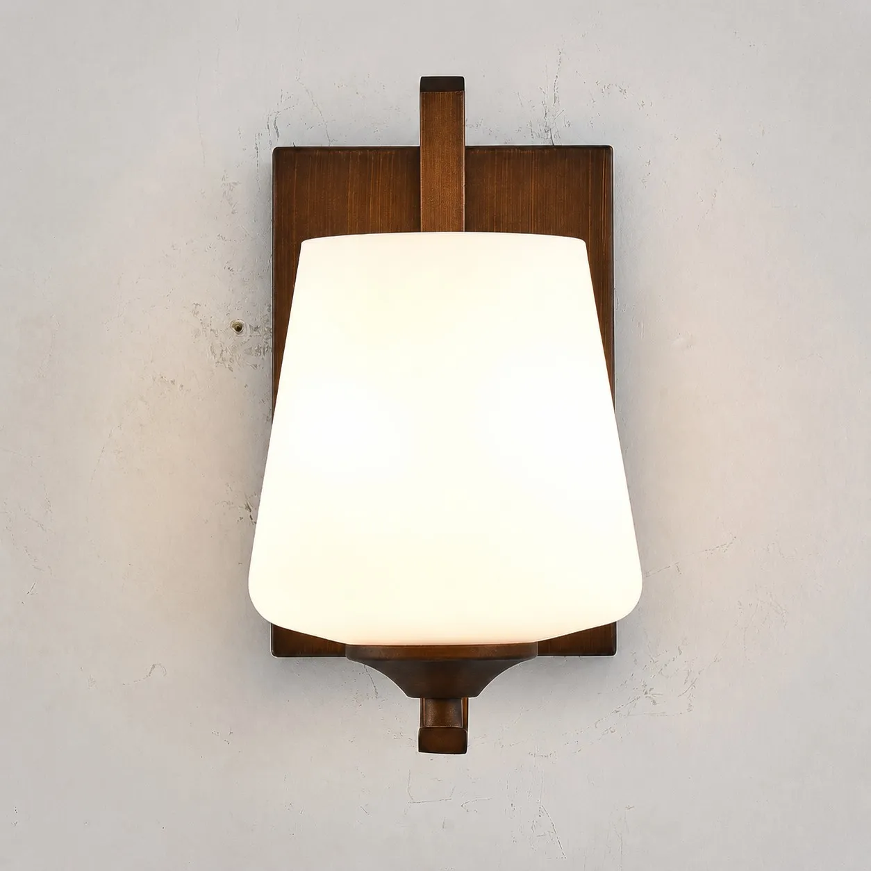 Front installed view of frosted glass wall sconce
