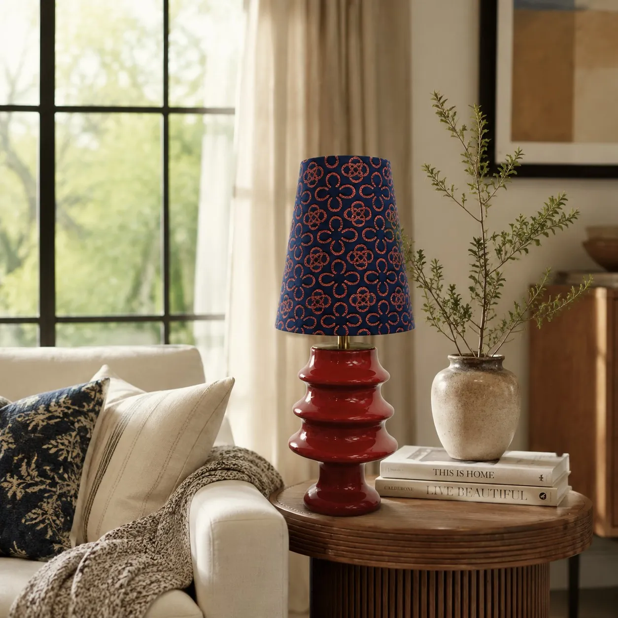 Embroidered Fabric and Sculptural Ceramic Table Lamp