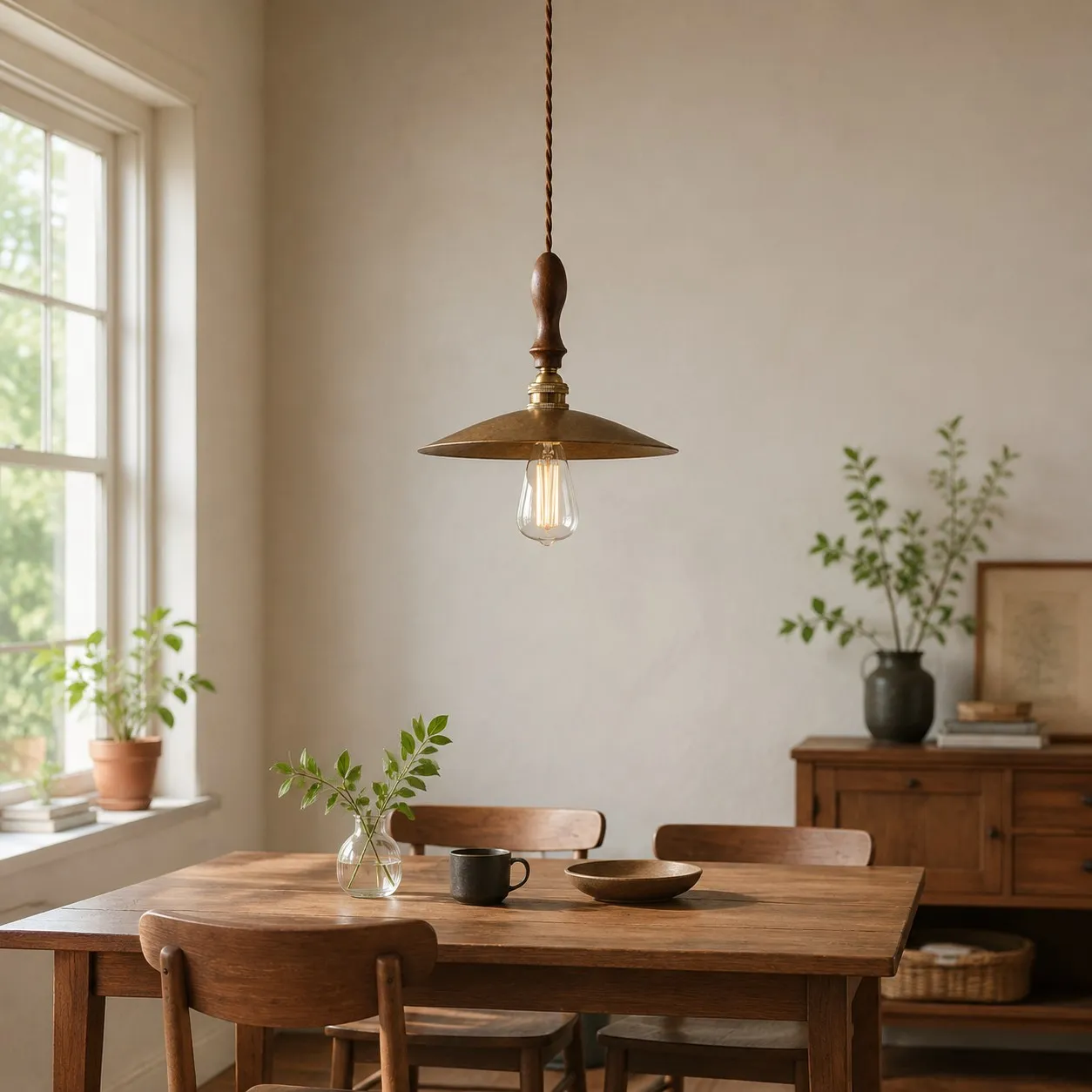 Vintage brass pendant above dining table