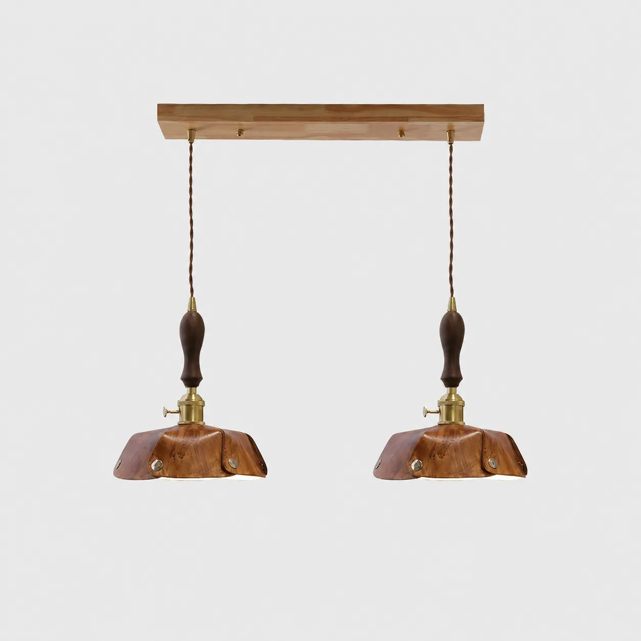 2-Light Linear Pendant Vintage Brown Leather Bar 50 cm / 19.7 in; Shade Dia. 25 cm / 9.8 in