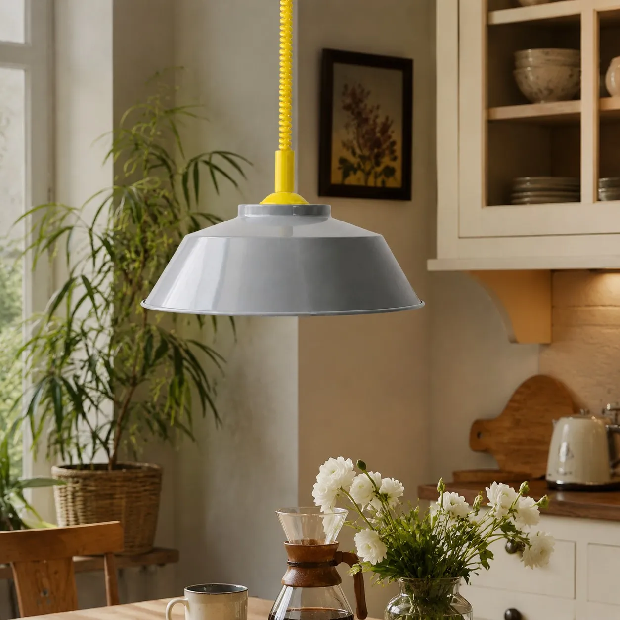 Memphis pull-down pendant in a dining space