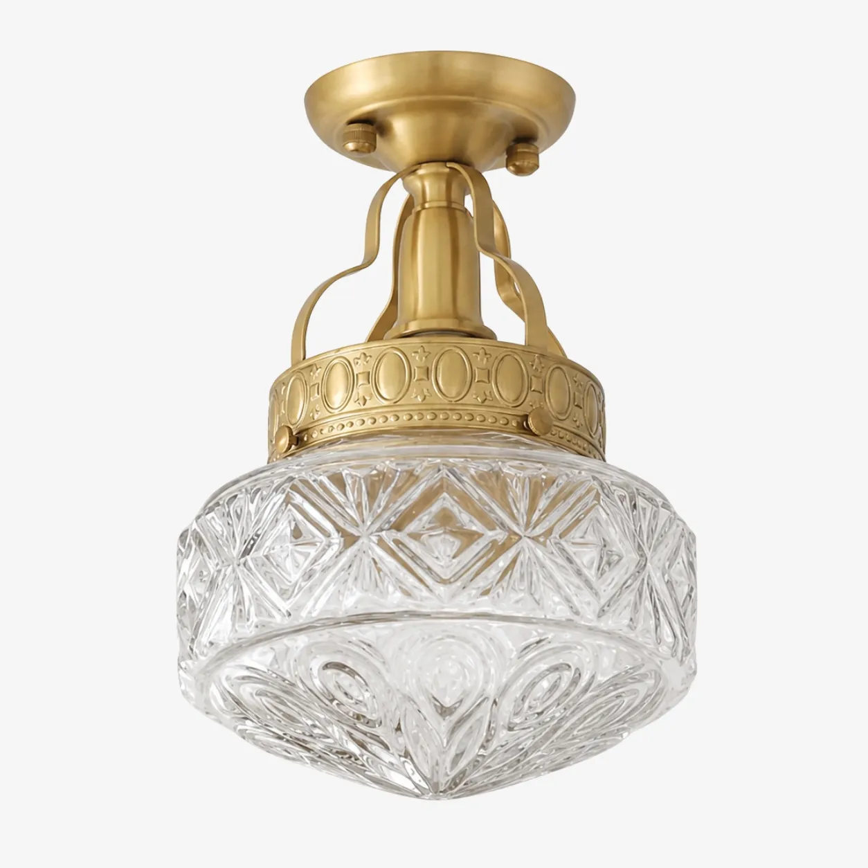 Clear pressed glass Art Deco ceiling light with brass finish
