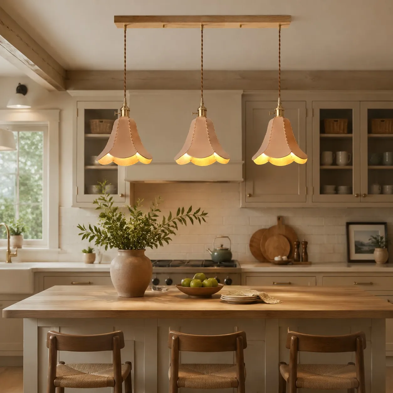 Natural triple pendant above a kitchen island