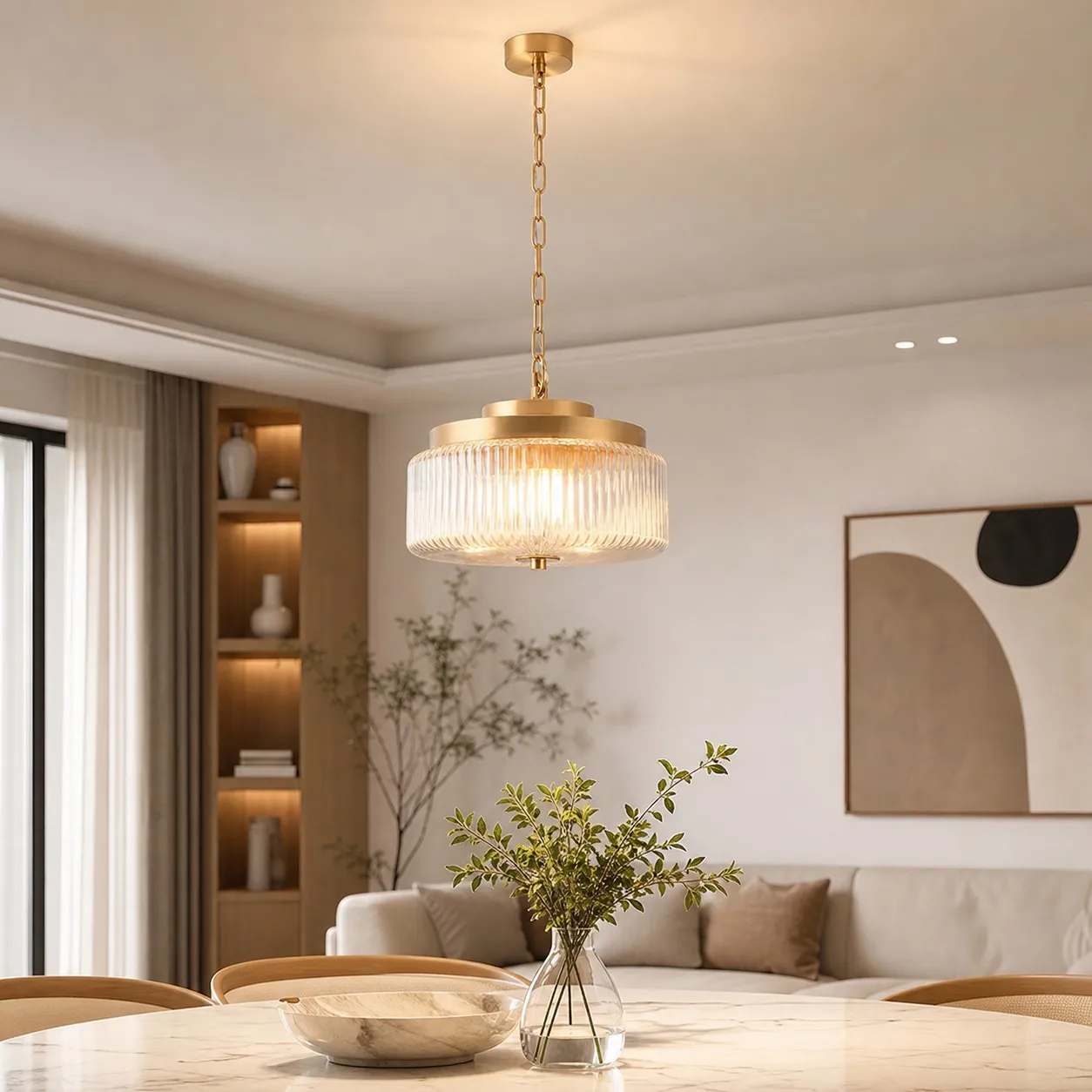 Antique Brass Ribbed Glass Ceiling Light