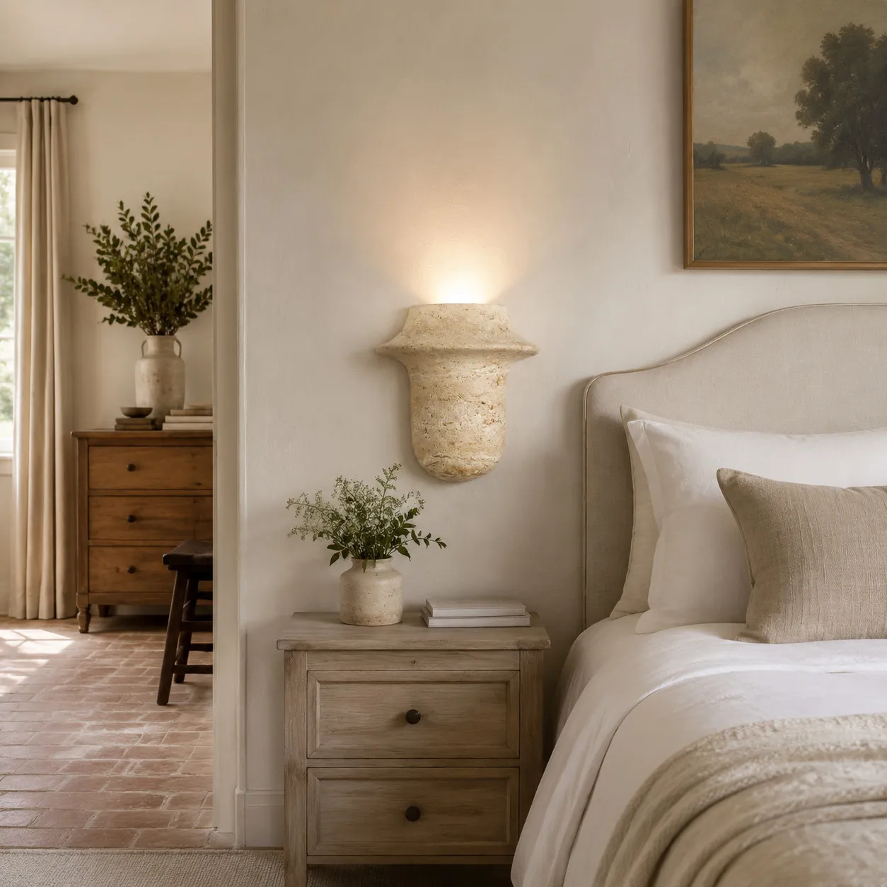 Travertine wall sconce used beside a bed as a warm bedside wall light