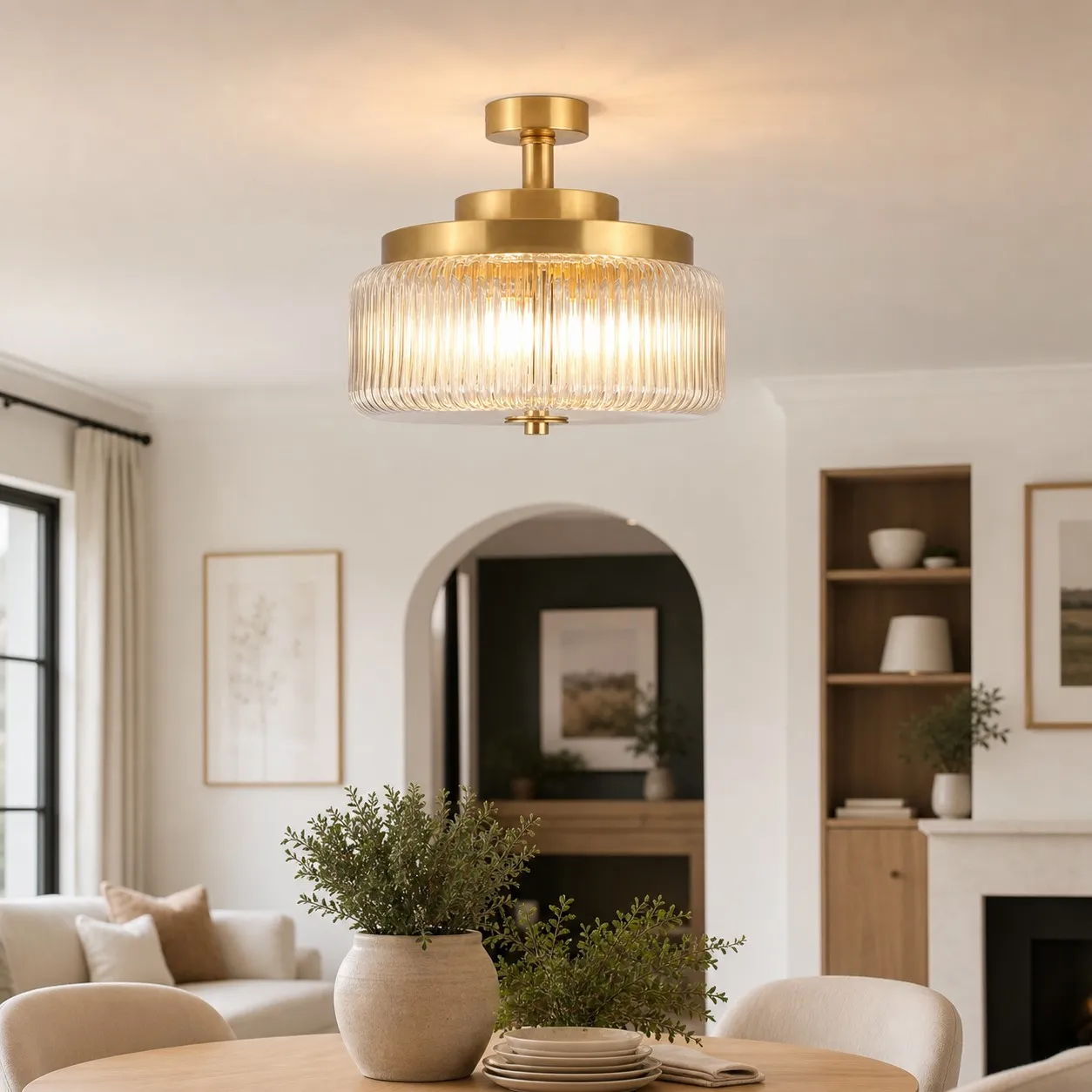 Antique Brass Ribbed Glass Ceiling Light