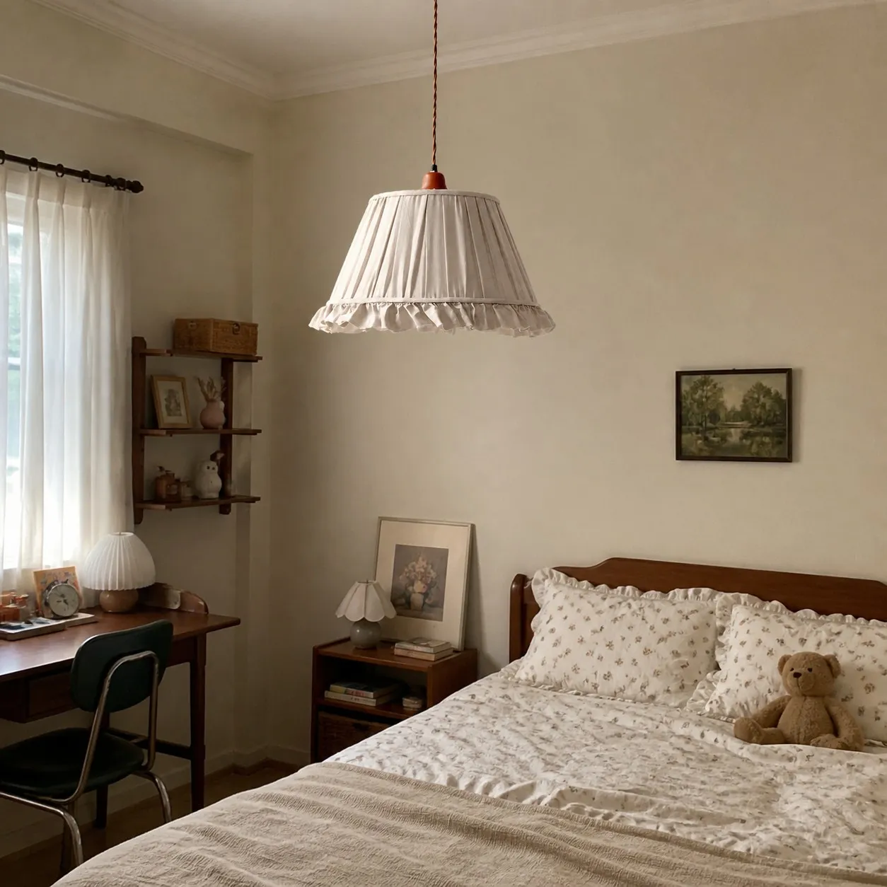 Pleated fabric pendant light installed in a calm bedroom