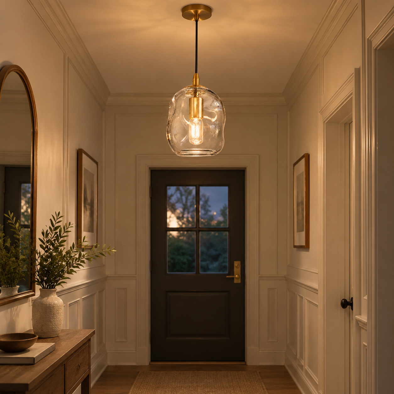Hand-Blown Glass Globe Pendant — Brass-Finish Canopy — A natural perspective - New2609-1024549 interior scene