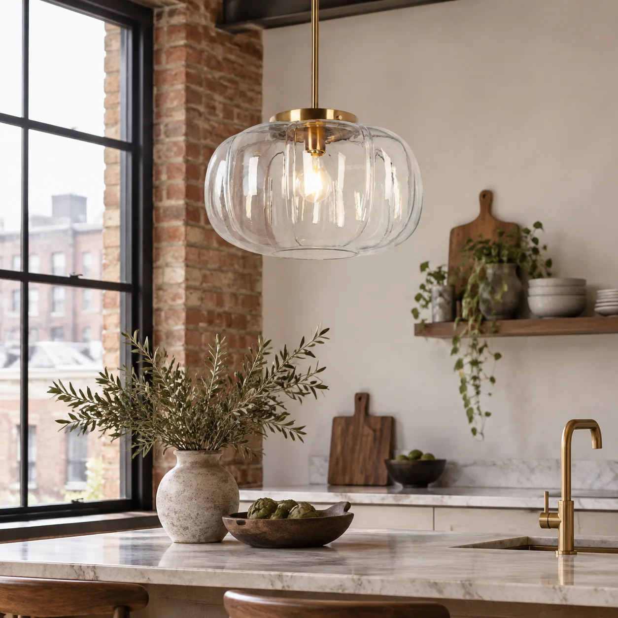 Ribbed Glass Single-Light Dome Pendant: Brass Finish — A natural perspective - New2609-1024639 interior scene