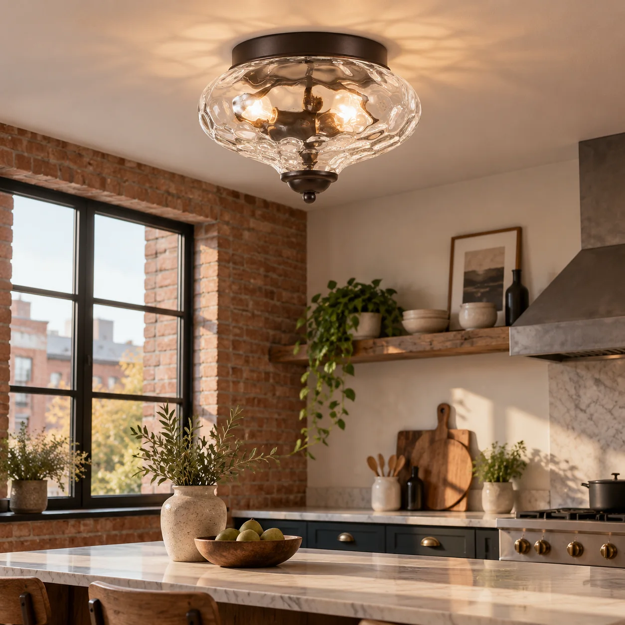 Two-Light Hammered Glass Ceiling Fixture: Low Ceilings — A natural perspective - New2609-1024579 interior scene