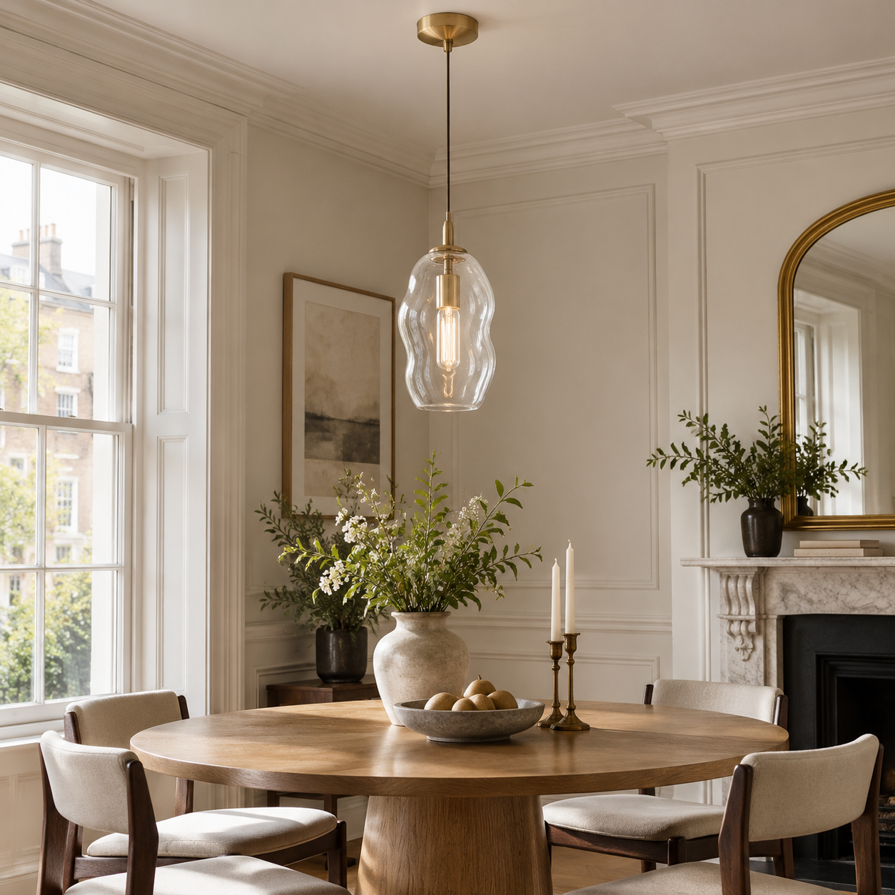 Hand-Blown Glass Globe Pendant — Brass-Finish Canopy — A natural perspective - New2609-1024547 interior scene
