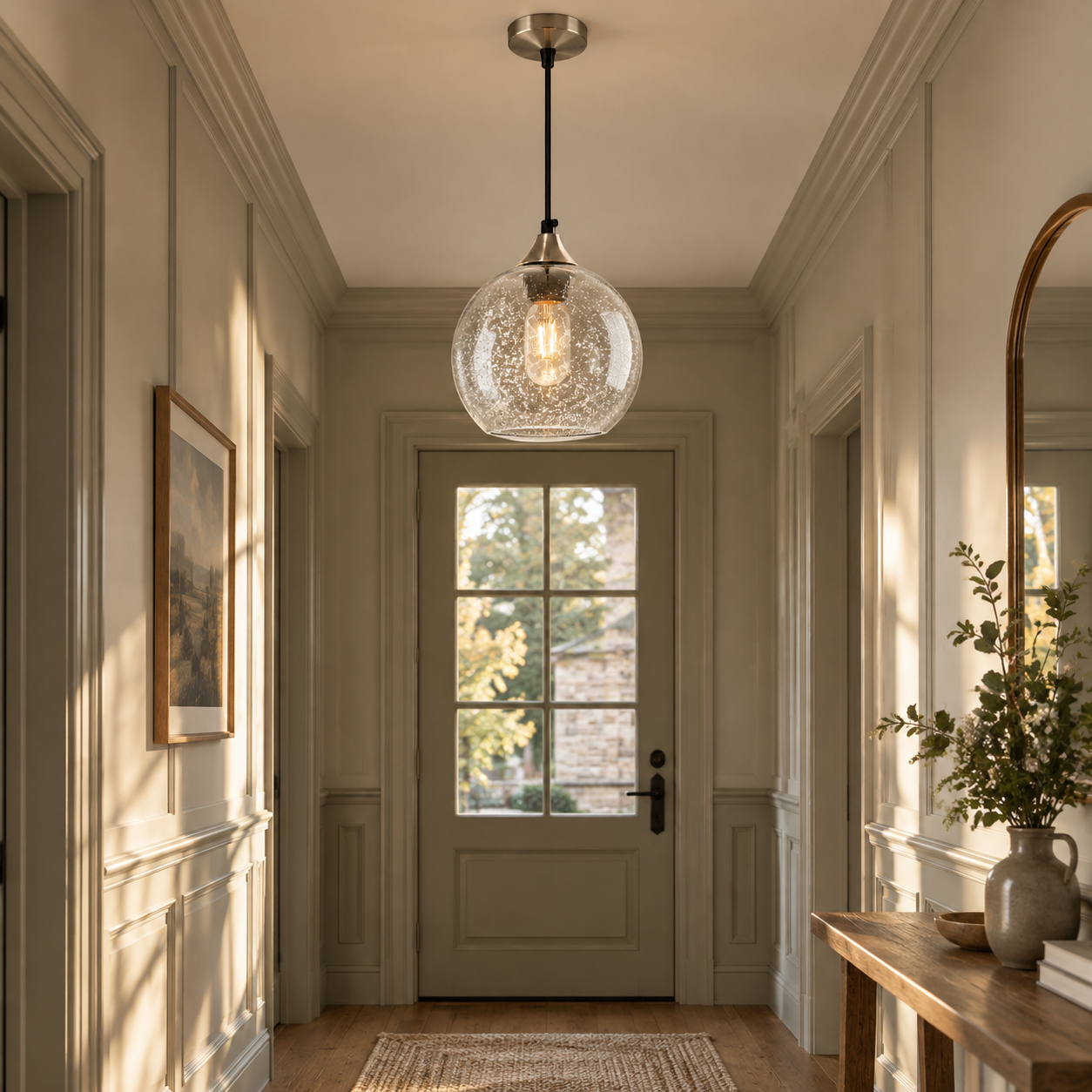 Adjustable Cord, Chrome Finish and Colour Options: Bubble Glass Globe Single Pendant — A natural - New2609-1024458 interior scene