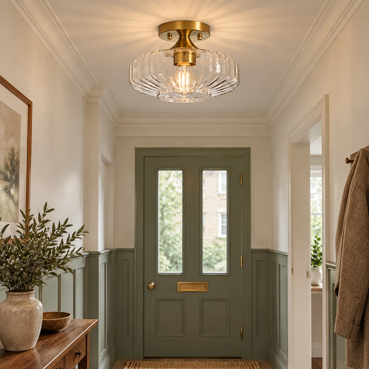 Brushed Brass — Elara Ribbed Glass Close-to-Ceiling Light — A natural perspective - New2609-1024555 interior scene