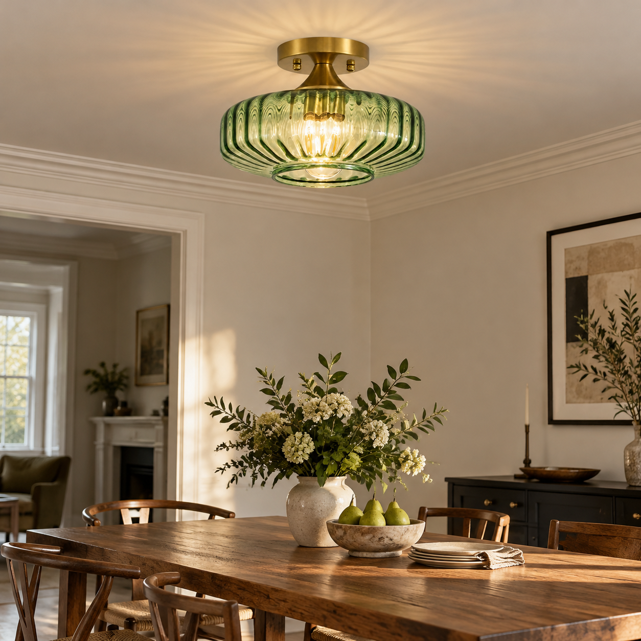 Brushed Brass — Elara Ribbed Glass Close-to-Ceiling Light — A natural perspective - New2609-1024553 interior scene