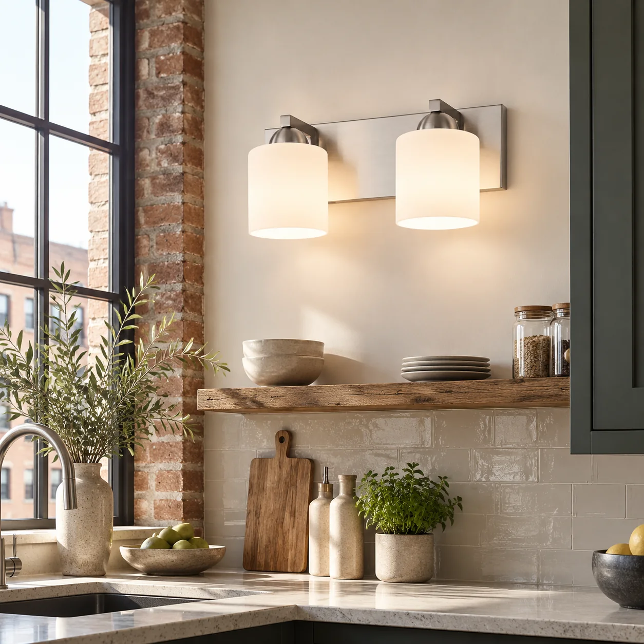 Modern Metal Bathroom Vanity Light — Cylindrical Glass Shades — A natural perspective - New2609-1024429 interior scene