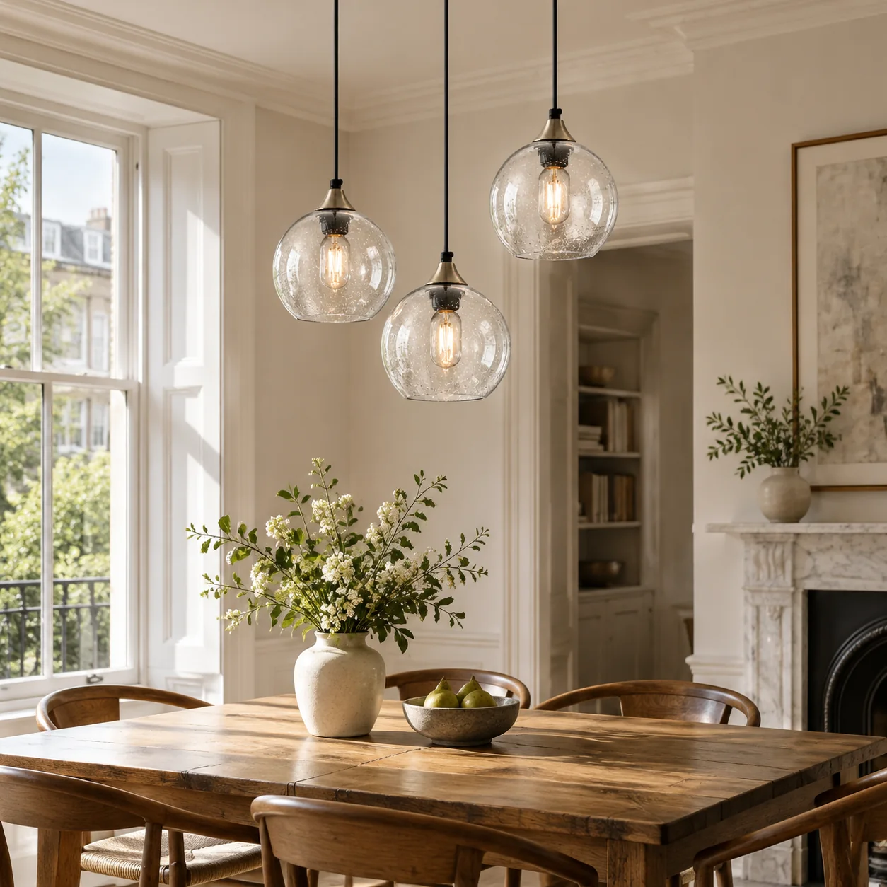 Adjustable Cord, Chrome Finish and Colour Options: Bubble Glass Globe Single Pendant — A natural - New2609-1024476 interior scene