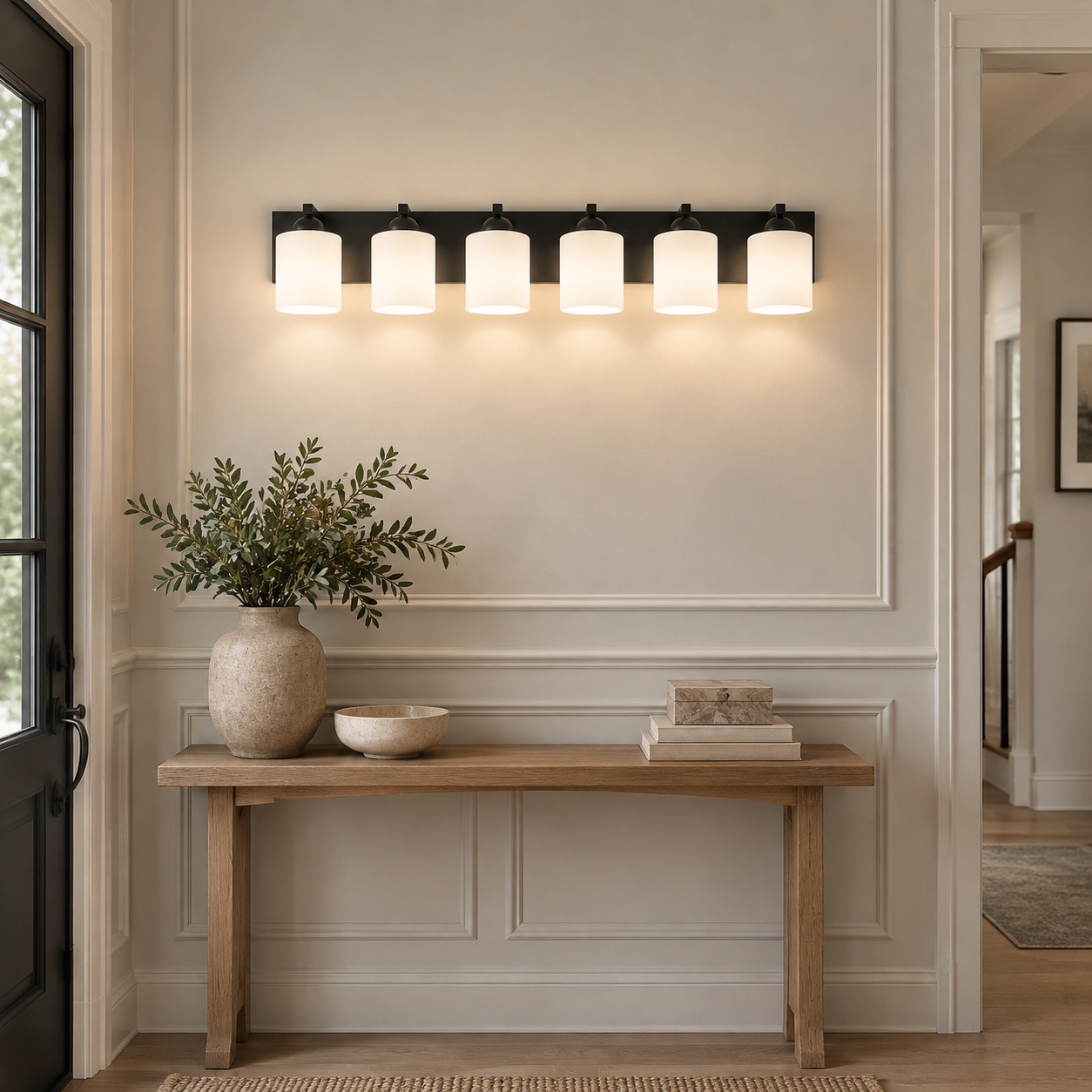 Modern Metal Bathroom Vanity Light — Cylindrical Glass Shades — A natural perspective - New2609-1024418 interior scene
