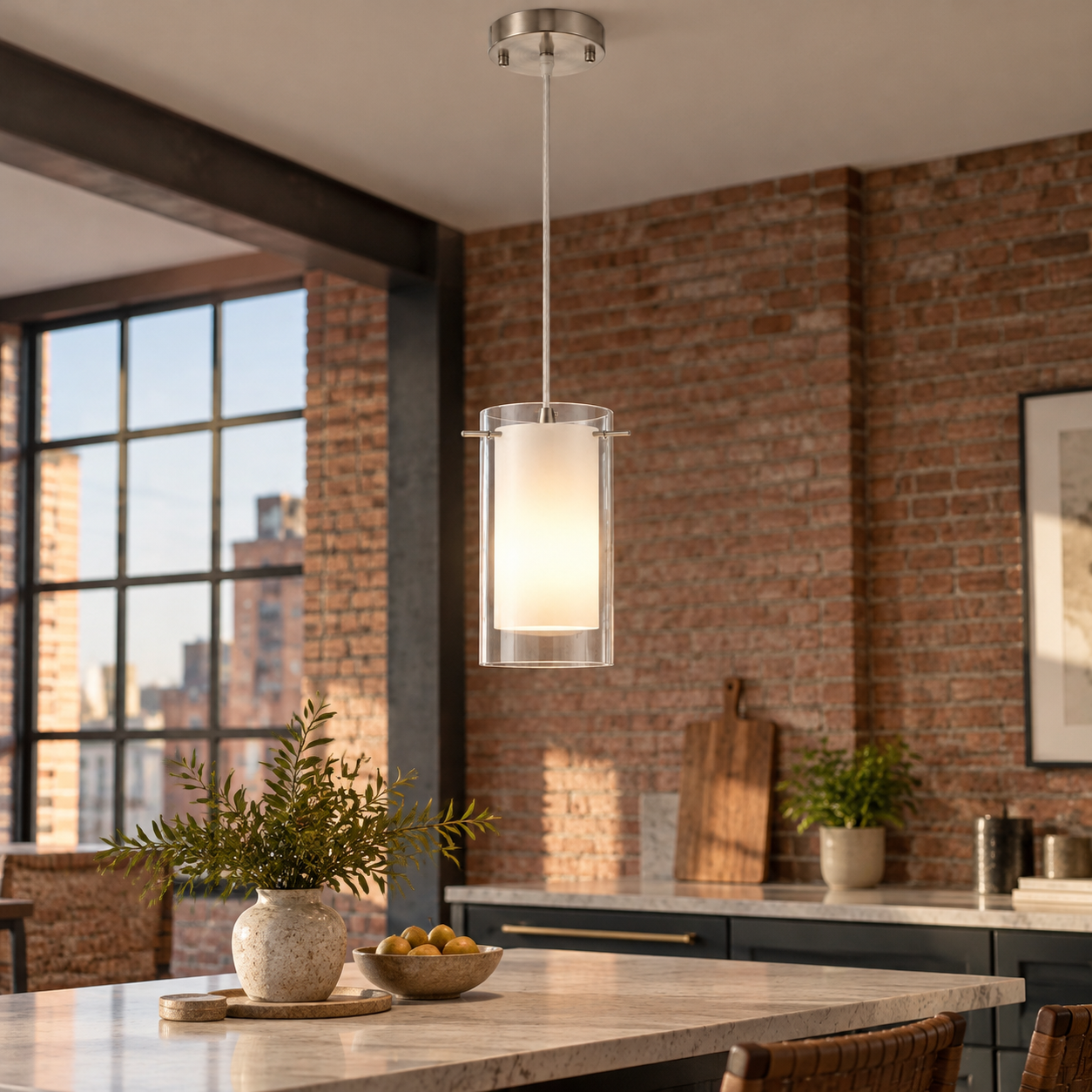 Modern Double Glass Pendant Light | Chrome Finish, Clear - New2609-1024586 interior scene
