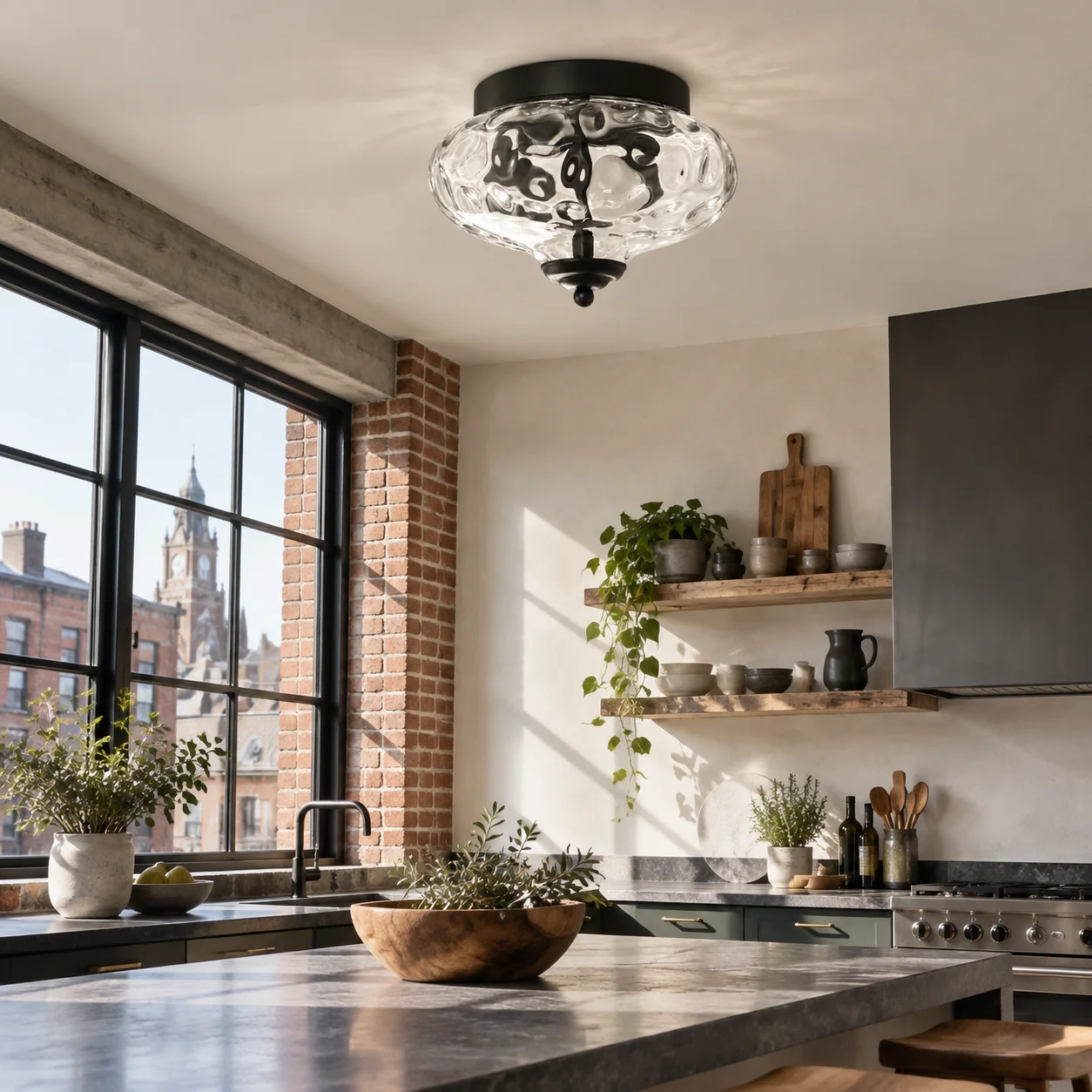 Two-Light Hammered Glass Ceiling Fixture: Low Ceilings — A natural perspective - New2609-1024581 interior scene