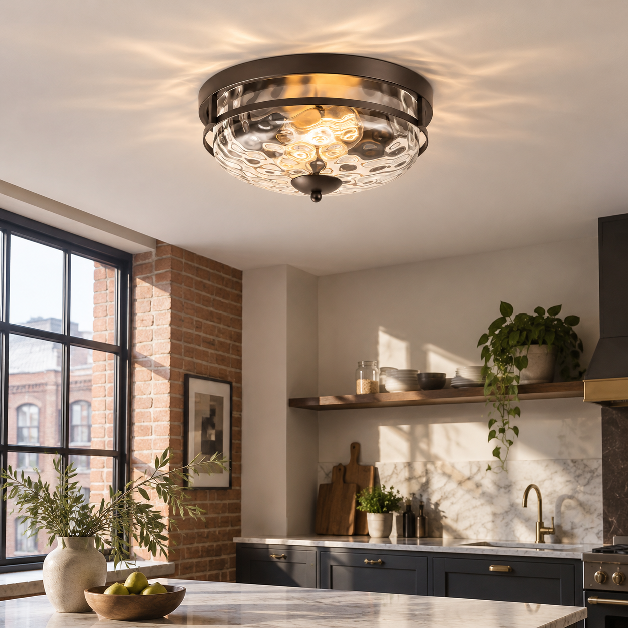 Two E26 Sockets | Rippled Clear-Glass Flush Ceiling Light — A natural perspective - New2609-1024588 interior scene