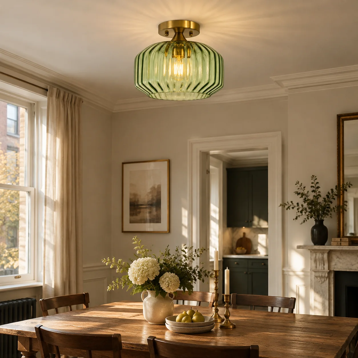 Brushed Brass — Elara Ribbed Glass Close-to-Ceiling Light — A natural perspective - New2609-1024550 interior scene