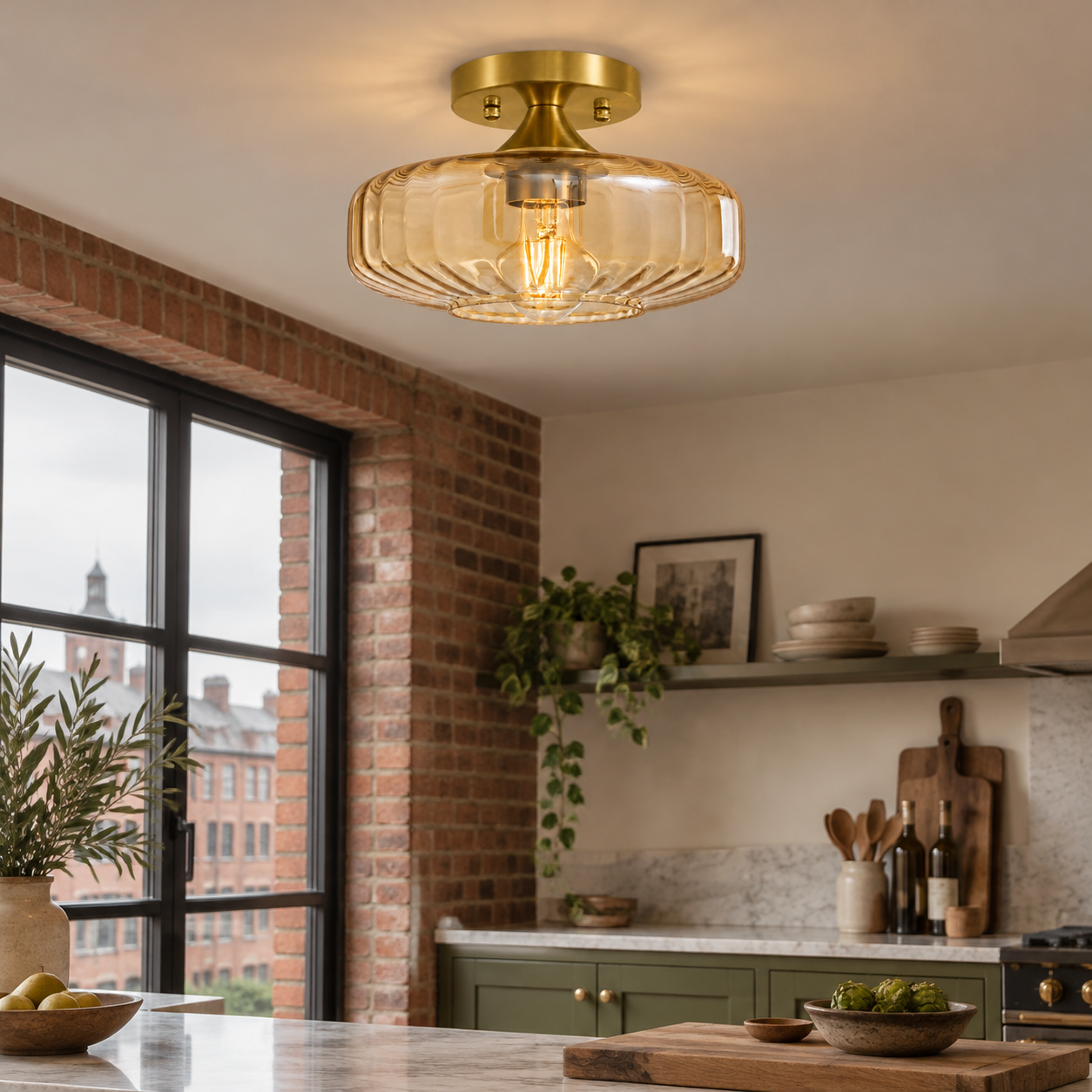 Brushed Brass — Elara Ribbed Glass Close-to-Ceiling Light — A natural perspective - New2609-1024554 interior scene