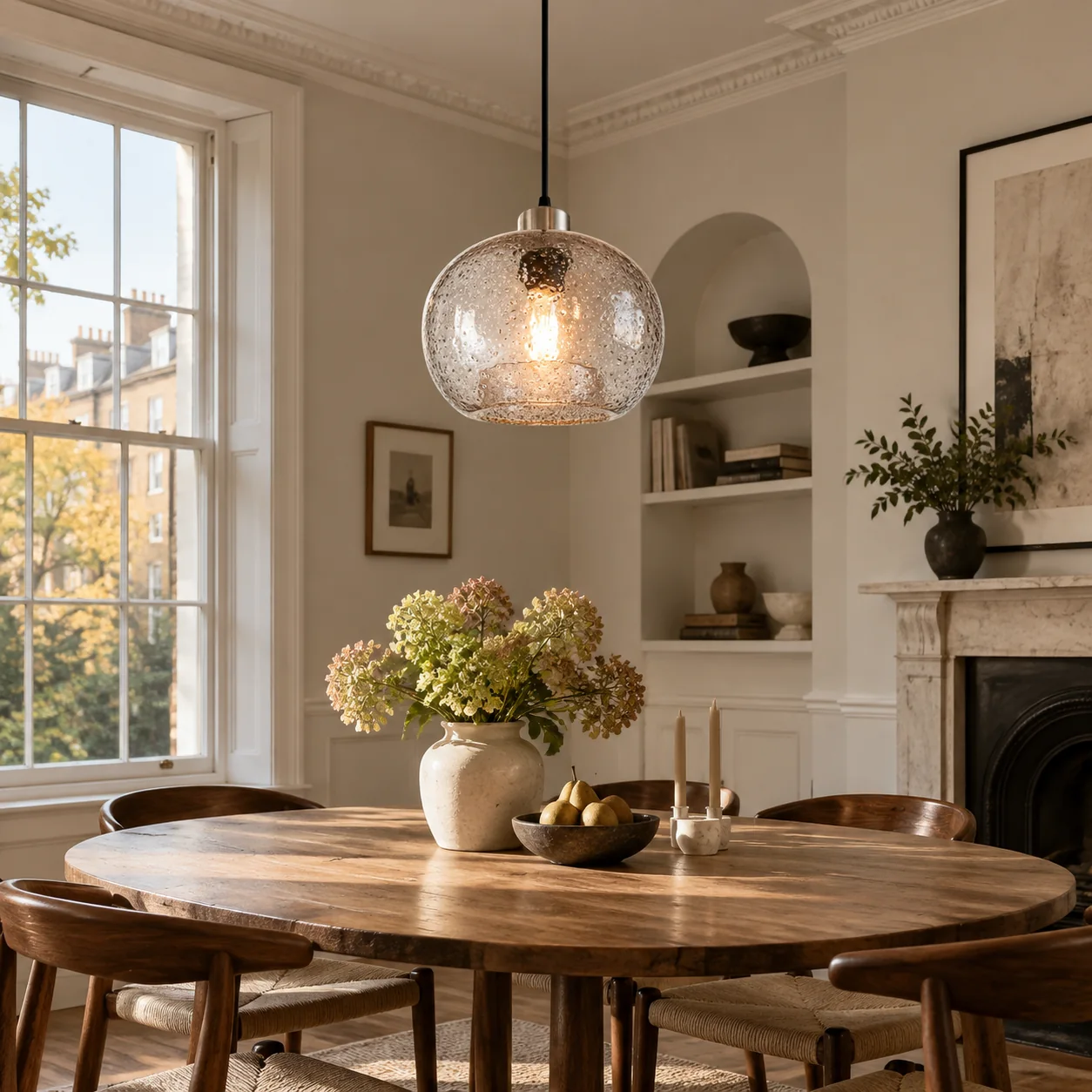 Textured Glass Globe Pendant Light: Open Bottom and Metal Finish Options — A natural perspective - New2609-1024576 interior scene