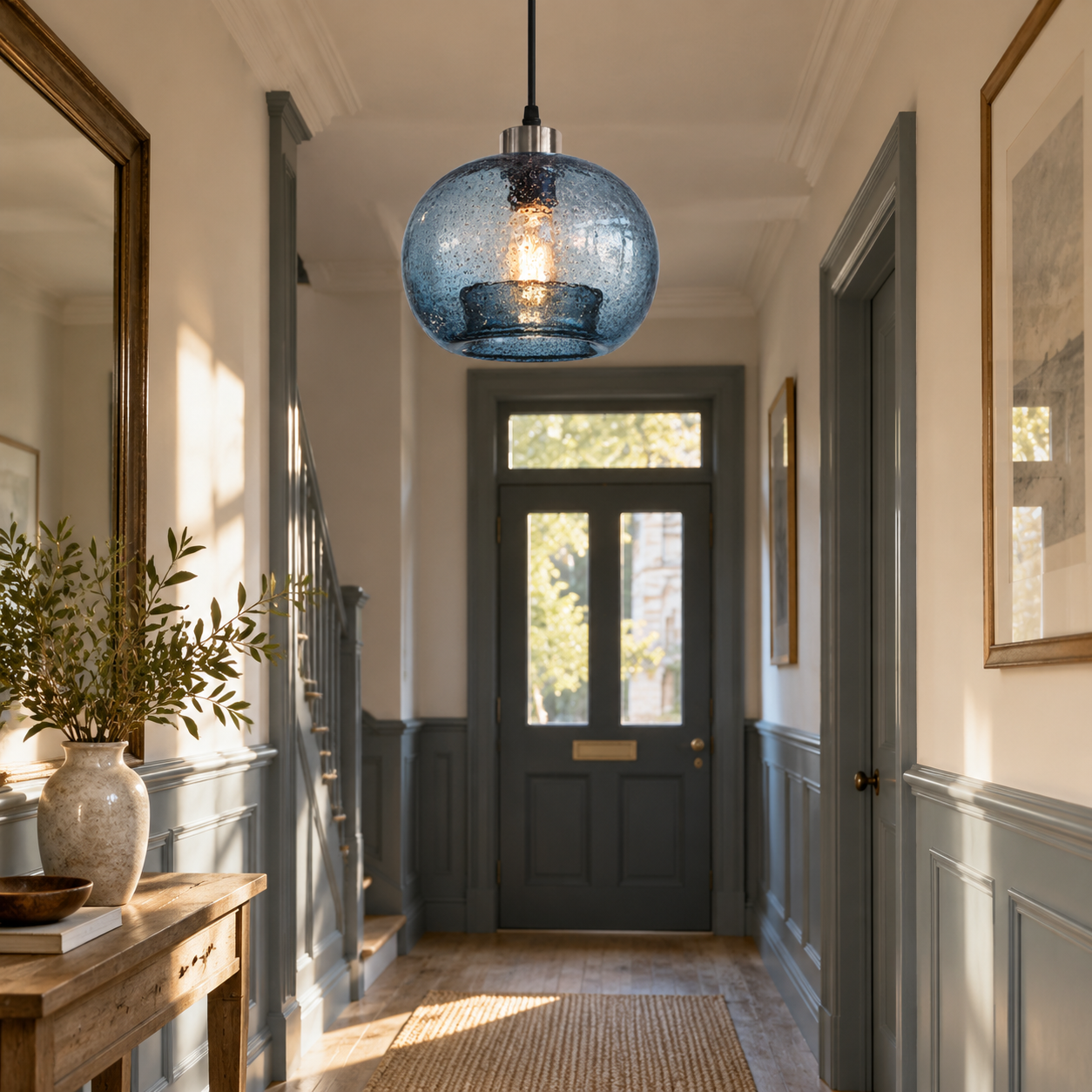 Textured Glass Globe Pendant Light: Open Bottom and Metal Finish Options — A natural perspective - New2609-1024574 interior scene