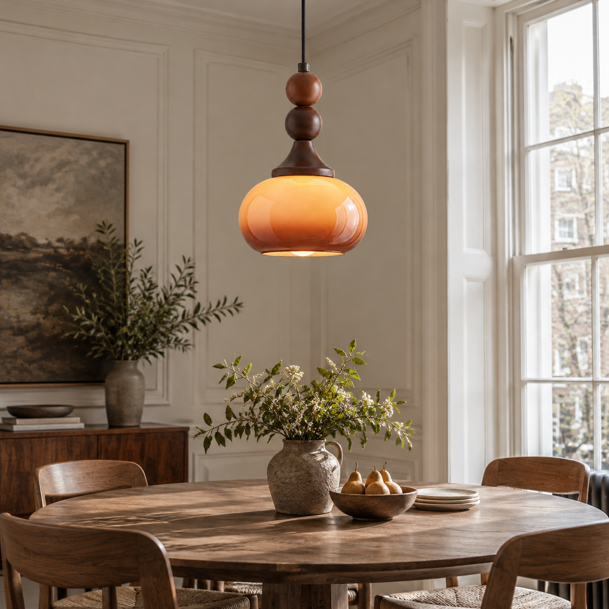 Shaped Glass Pendant: Turned Rubberwood Accents in Brown or Cream — A natural perspective - New2609-1024583 interior scene