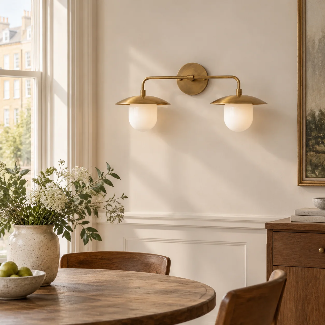 Frosted White Glass Globe — Brass-Finish Wall Sconce — A natural perspective - New2609-1024411 interior scene