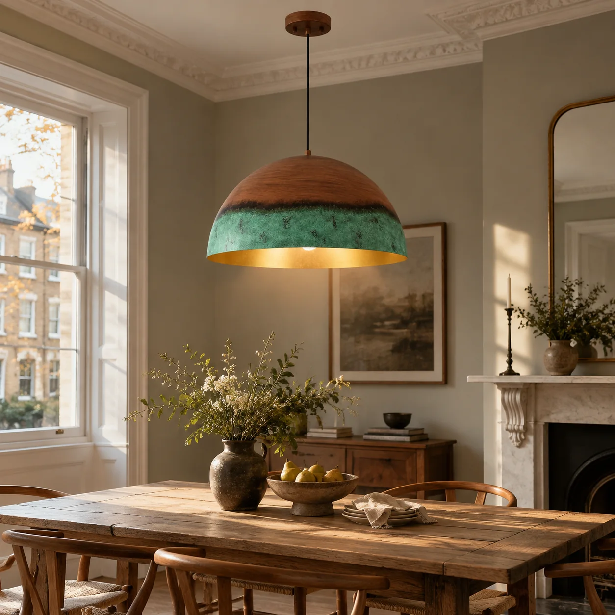 Textured Copper Patina Iron Dome Pendant Light — Gold Interior — A natural perspective - New2609-1024557 interior scene