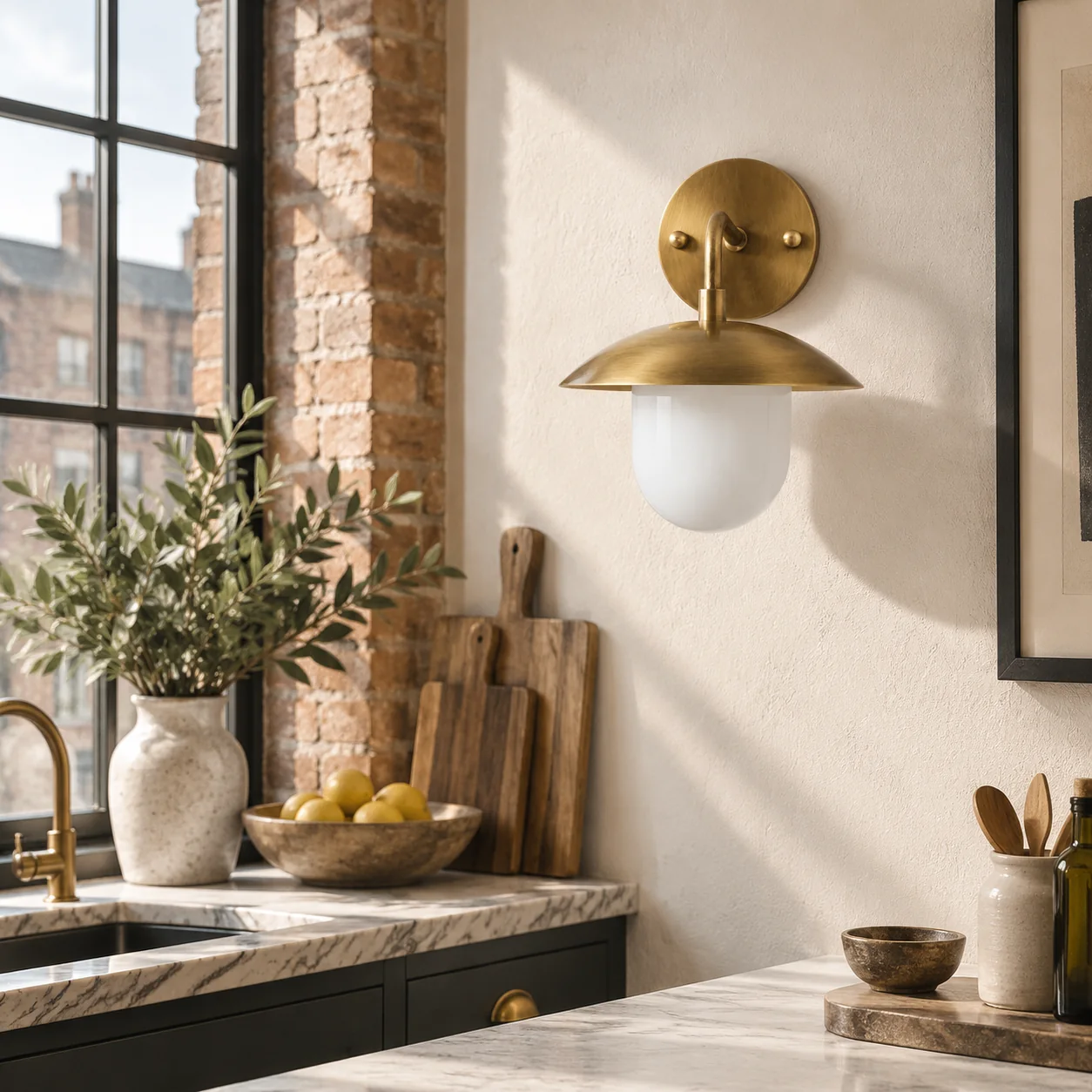 Frosted White Glass Globe — Brass-Finish Wall Sconce — A natural perspective - New2609-1024412 interior scene