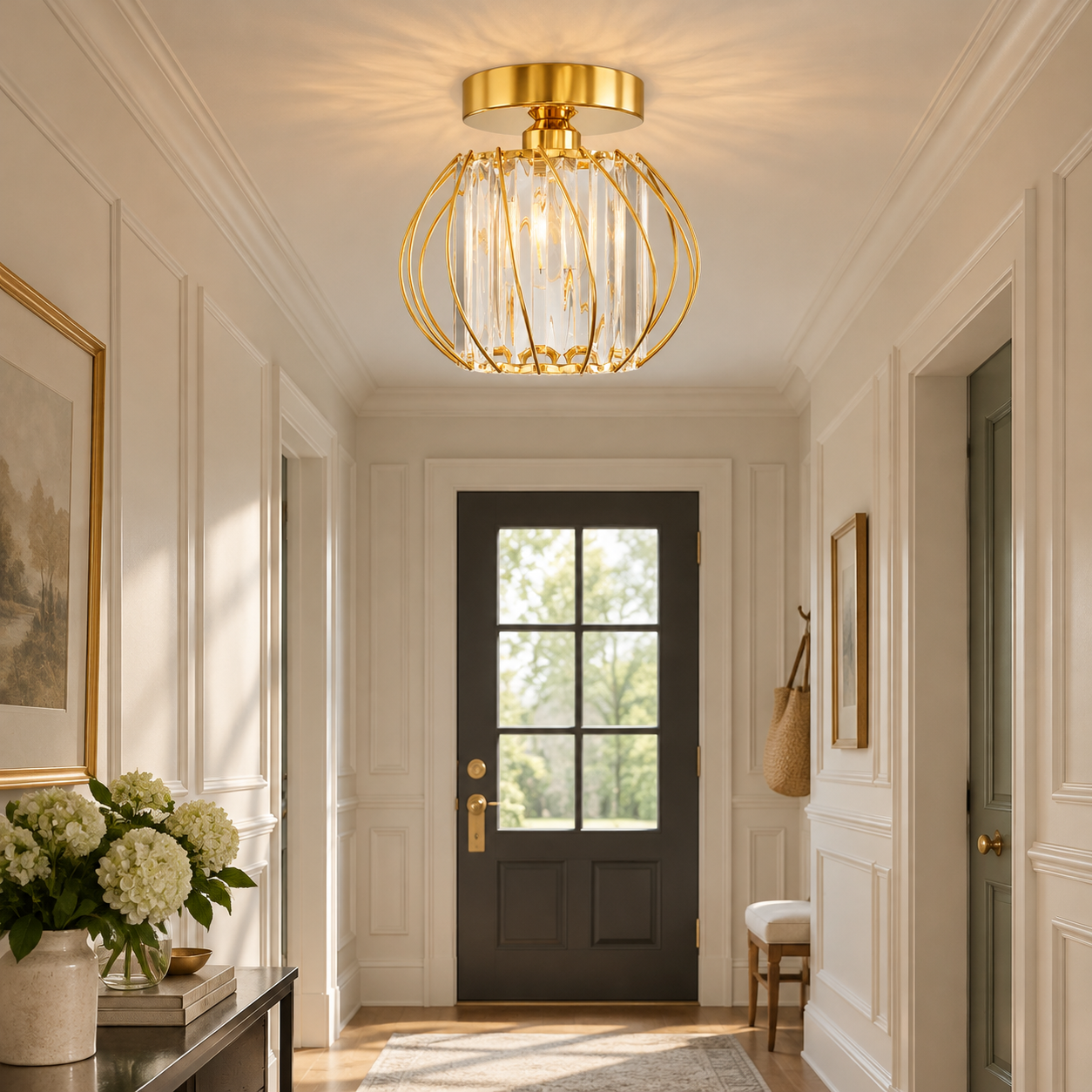 Clear Panels — Geometric Cage Semi-Flush Crystal Ceiling Light — A natural perspective - New2609-1024520 interior scene