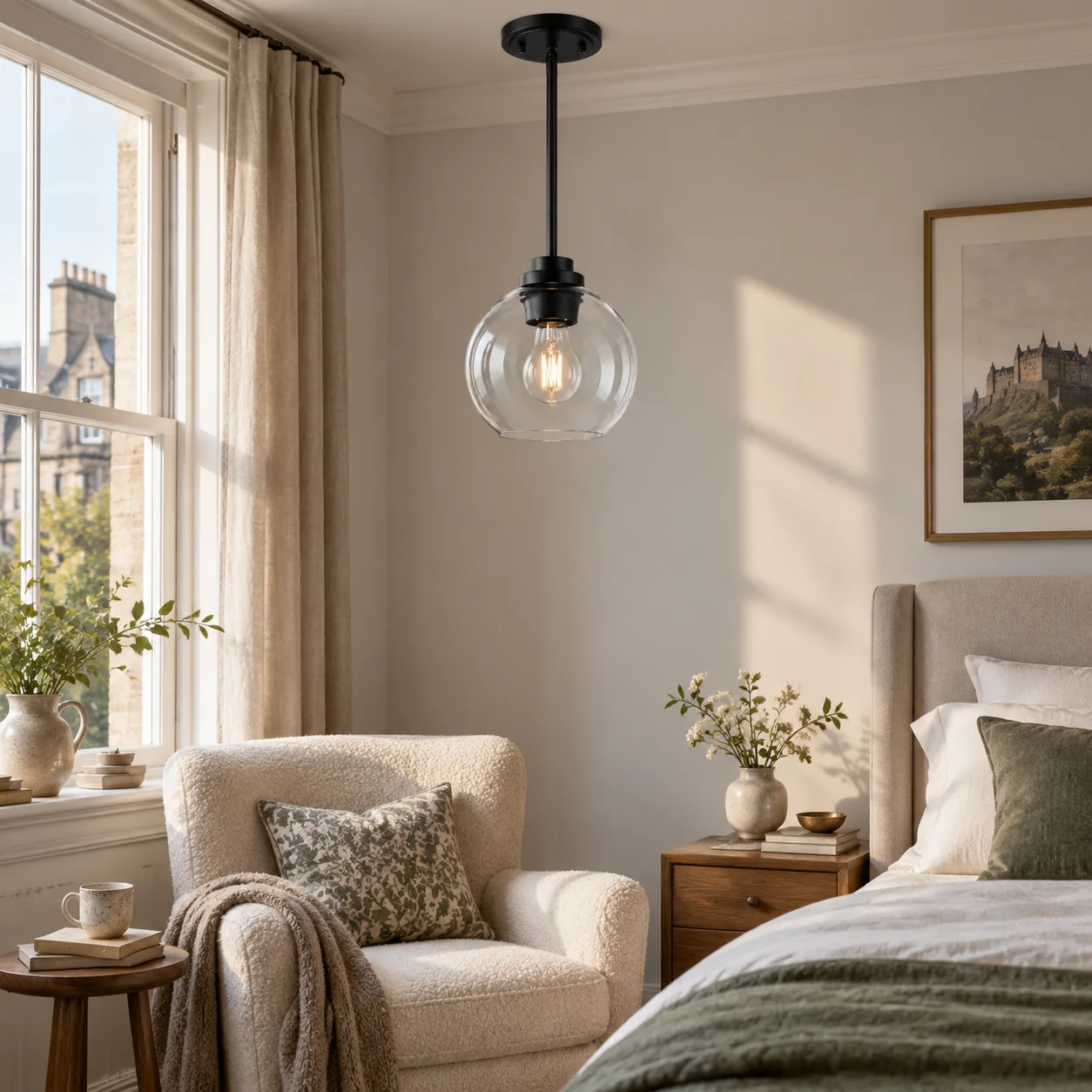 Clear Glass Globe Pendant Light — Adjustable Rod — A natural perspective - New2609-1024638 interior scene