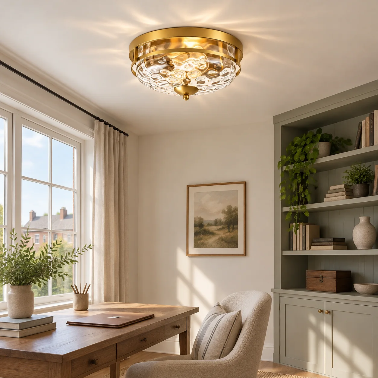 Hammered Glass Flush Ceiling Light: two E26 sockets, rippled clear glass, a broad glass shade - New2609-1024589 scene 4