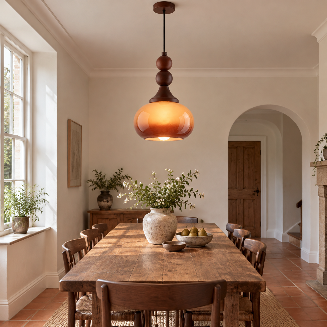 Shaped Glass Pendant Light with brown or cream, turned wood details and a single drop - New2609-1024583 scene 3